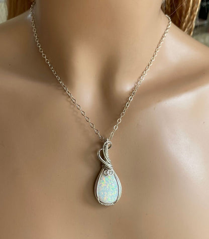READY SHIP in 1 to 2 days,White Opal Necklace,STERLING Silver October Opal Birthstone Necklace,Wire Wrapped Lab Created White Opal Necklace,