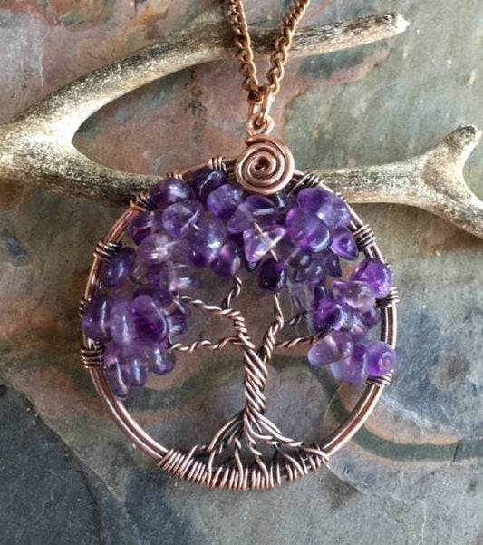 Amethyst Necklace,Amethyst Tree of Life Necklace,Wire Wrapped Amethyst Tree of Life Pendant in Antiqued Copper,February Birthstone