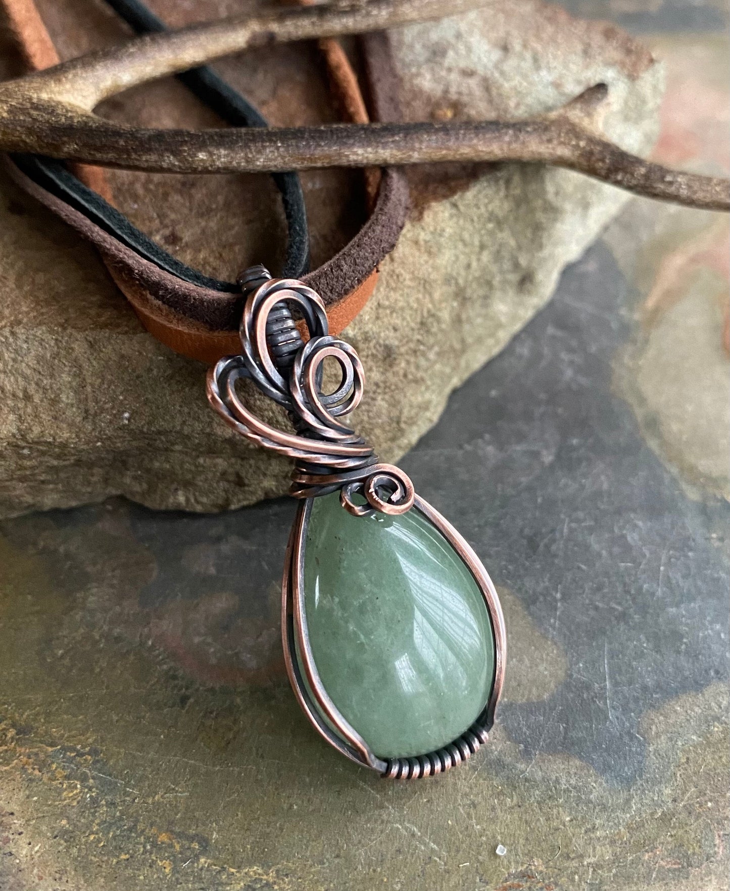 READY SHIP in 1 to 2 days, Wire Wrapped Aventurine Necklace, Aventurine in Copper wire, Wired Aventurine Pendant Jewelry, Green Necklace