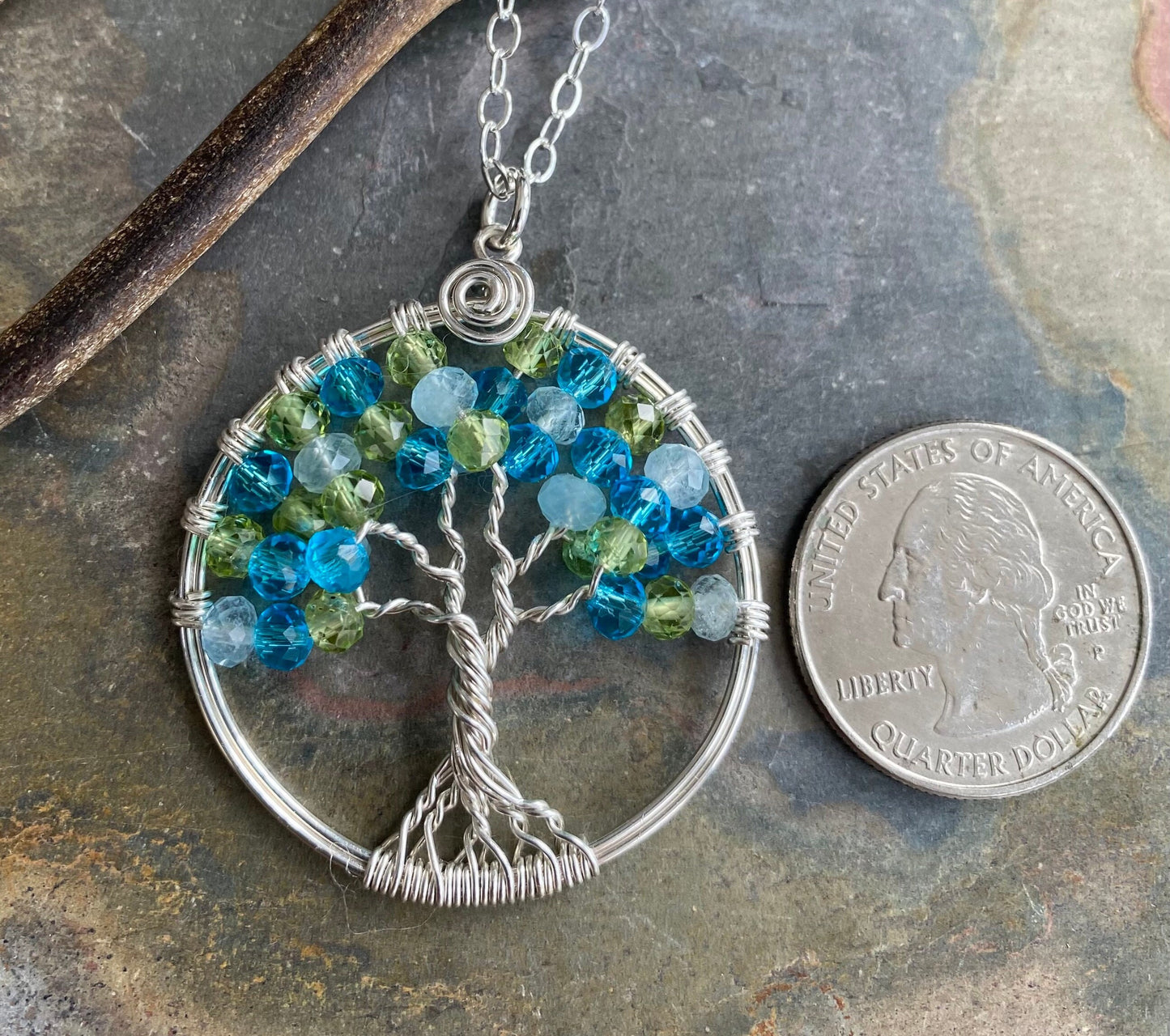 Blue Topaz, Aquamarine, Peridot Necklace, Tree of Life Necklace, Blue Topaz Aquamarine Family Birthstone Tree of Life Necklace