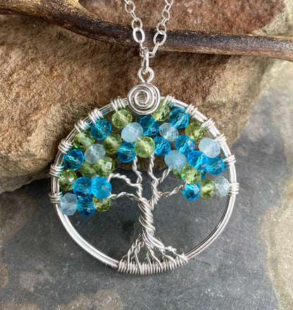 Blue Topaz, Aquamarine, Peridot Necklace, Tree of Life Necklace, Blue Topaz Aquamarine Family Birthstone Tree of Life Necklace