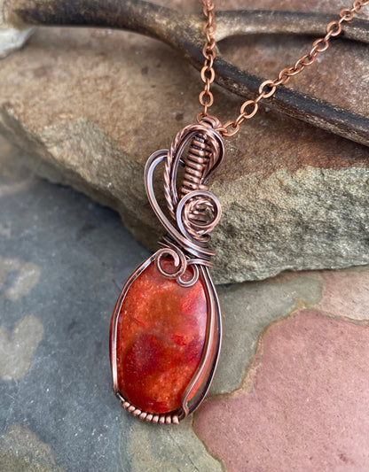 Red Coral Sponge Necklace,Wire Wrapped Burnt Orange Red Coral Sponge Pendant in Antiqued Copper, Sponge Coral Necklace, Coral Jewelry