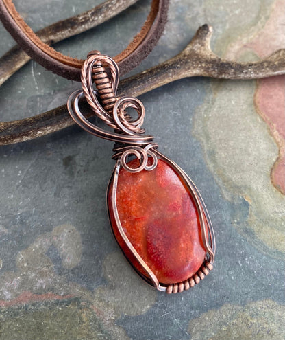 Red Coral Sponge Necklace,Wire Wrapped Burnt Orange Red Coral Sponge Pendant in Antiqued Copper, Sponge Coral Necklace, Coral Jewelry