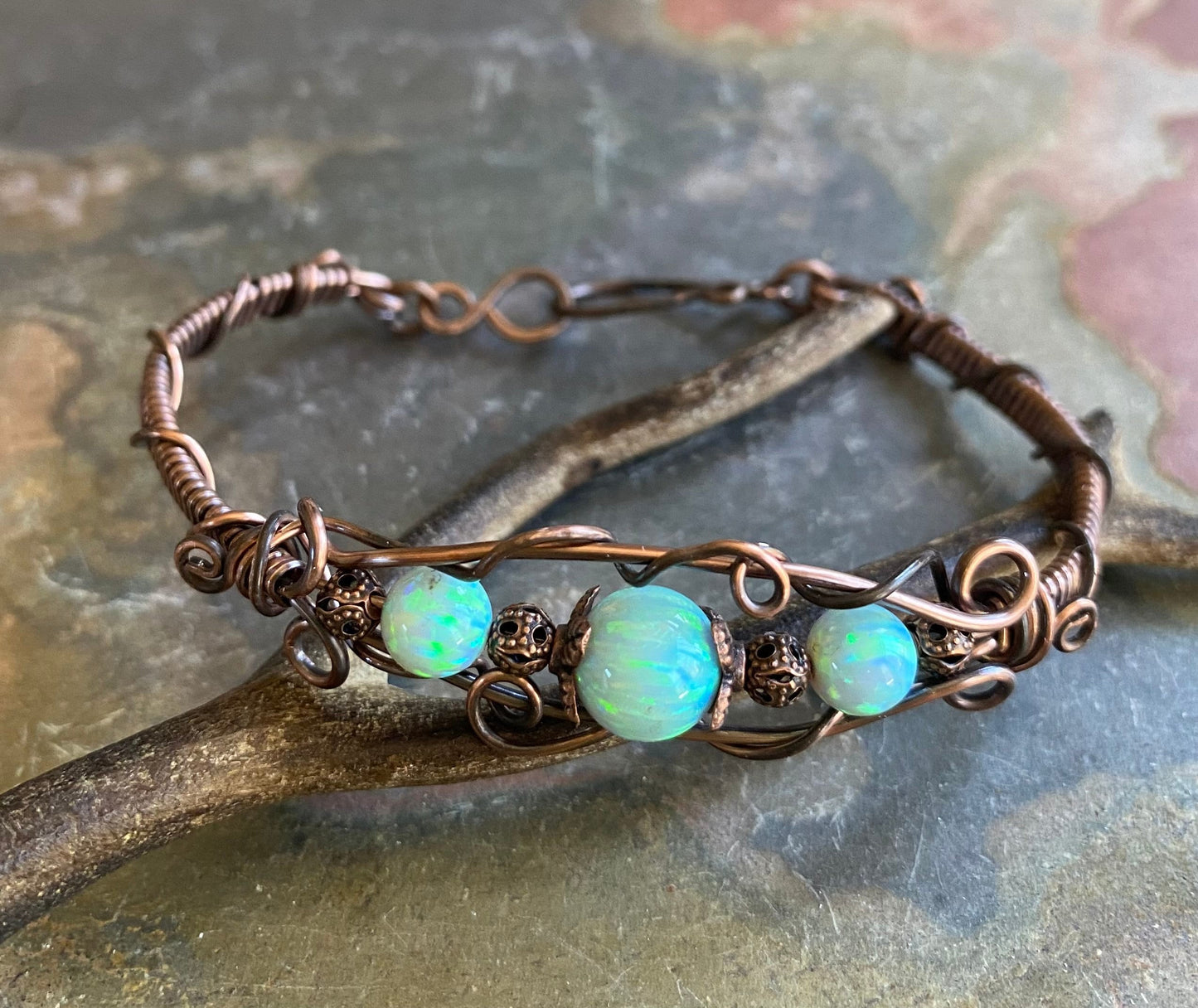 Aqua Blue Opal Bracelet  Antiqued Copper,October Opal Birthstone,Simulated Opal cuff bracelet Opal Bracelet,Synthetic Opal Bangle Bracelet