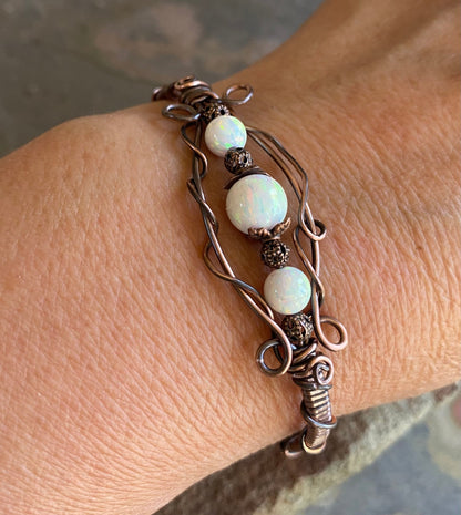 Wire Wrapped White Opal Bracelet  in Antiqued Copper, October Birthstone Bracelet Lab Created Opal cuff /Bangle Bracelet, Opal Bracelet