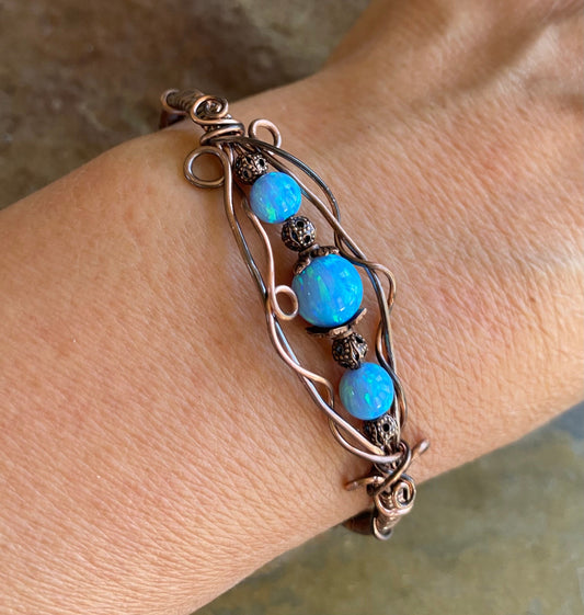 Wire Wrapped Blue, White Opal Bracelet  in Antiqued Copper, October Birthstone Bracelet Lab Created Opal cuff /Bangle Bracelet, Opal Jewelry