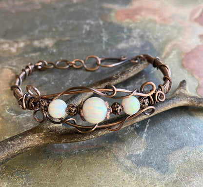 Wire Wrapped Blue Opal Bracelet  in Antiqued Copper, October Birthstone Bracelet ,Lab Created Opal cuff /Bangle Bracelet, Opal Jewelry