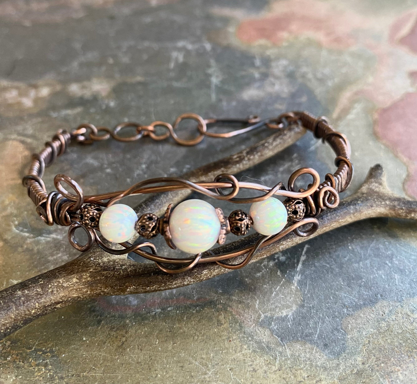 Wire Wrapped White Opal Bracelet  in Antiqued Copper, October Birthstone Bracelet Lab Created Opal cuff /Bangle Bracelet, Opal Bracelet