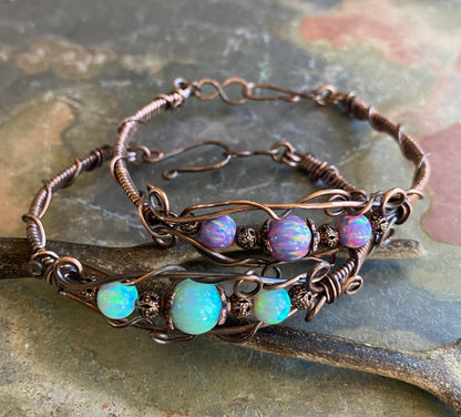 Wire Wrapped Blue, White Opal Bracelet  in Antiqued Copper, October Birthstone Bracelet Lab Created Opal cuff /Bangle Bracelet, Opal Jewelry
