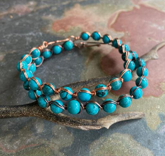 Wire Wrapped 6 mm Natural Turquoise Bracelet,Blue Turquoise Bracelet,December Birthstone Bracelet, Healing Bracelet Gemstone Bracelet