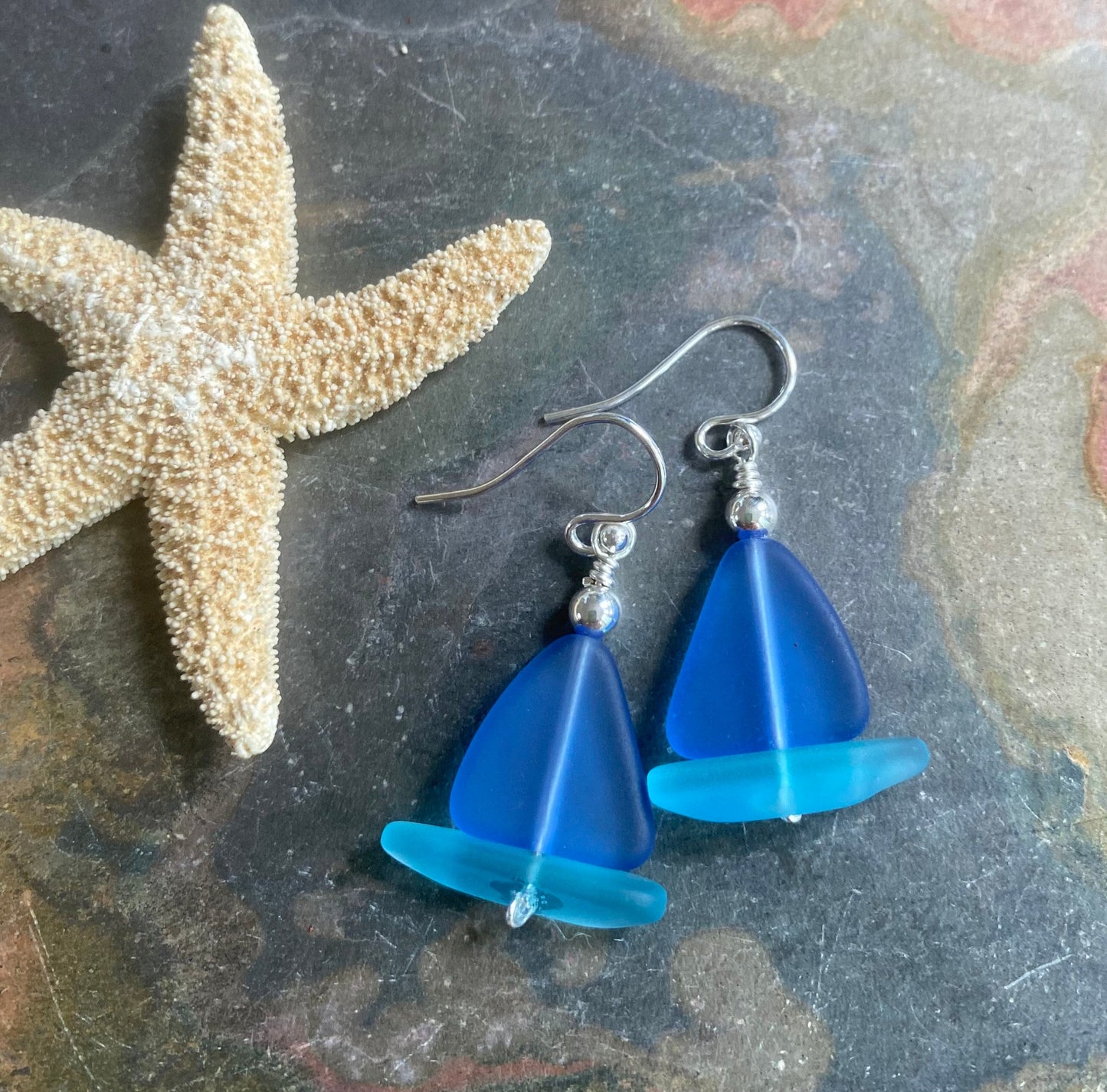 STERLING SILVER Sailboat Sea Glass Earrings, Light Sapphire Blue Sea Glass Earrings, Blue Sea Glass Earrings, Beach Weddings,, Sea glass