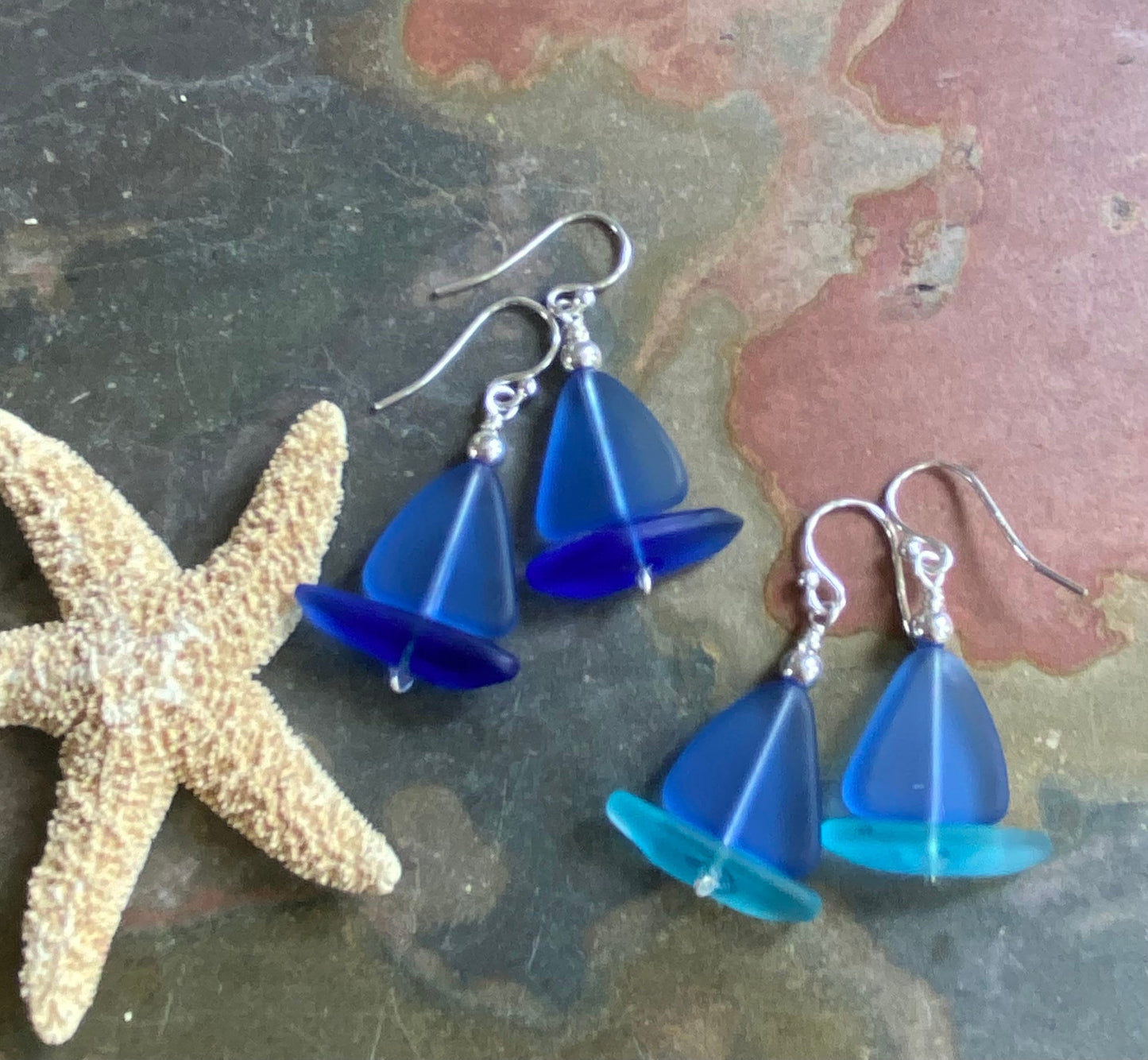 STERLING SILVER Sailboat Sea Glass Earrings, Light Sapphire Blue Sea Glass Earrings, Blue Sea Glass Earrings, Beach Weddings,, Sea glass