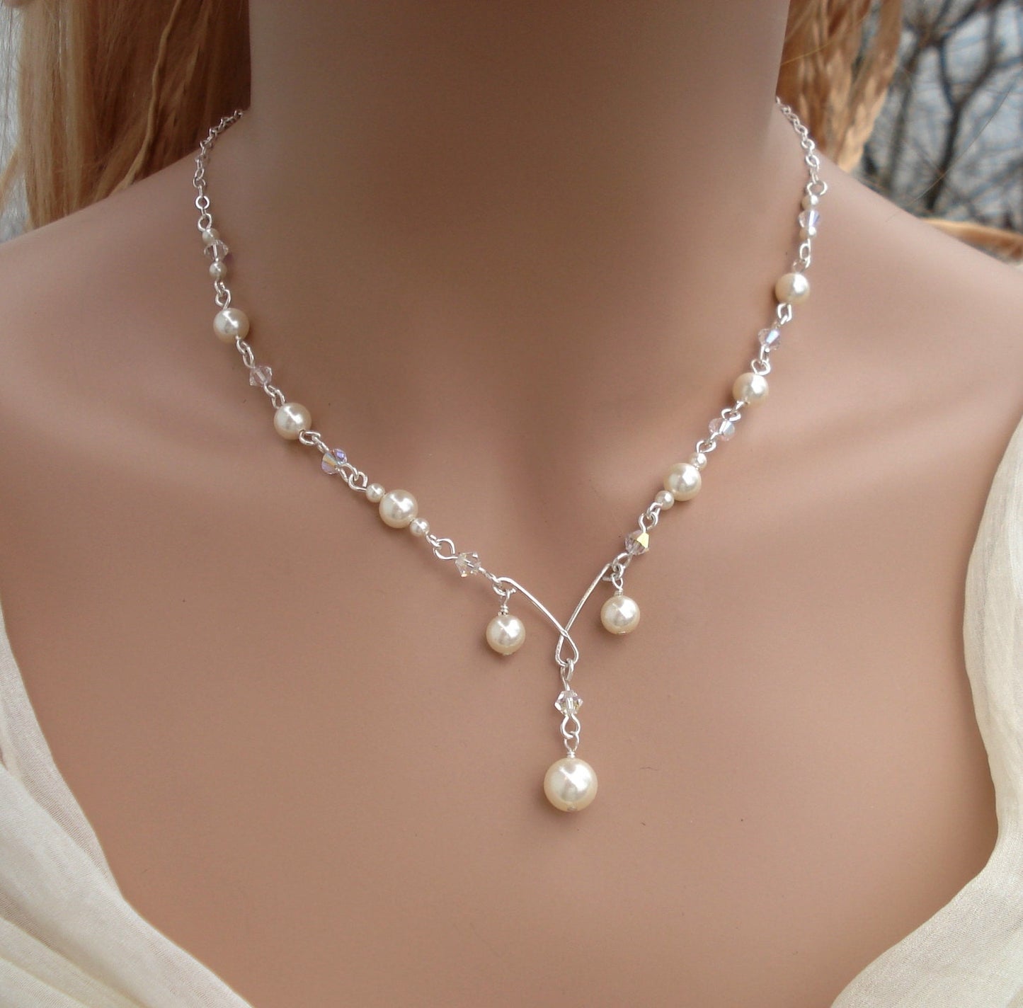 Sterling Silver Swarovski Rose Gold Pearl And Crystal Necklace,Bridesmaid Necklace, Bridal Jewelry, Infinity Pearl & Crystal Bracelet