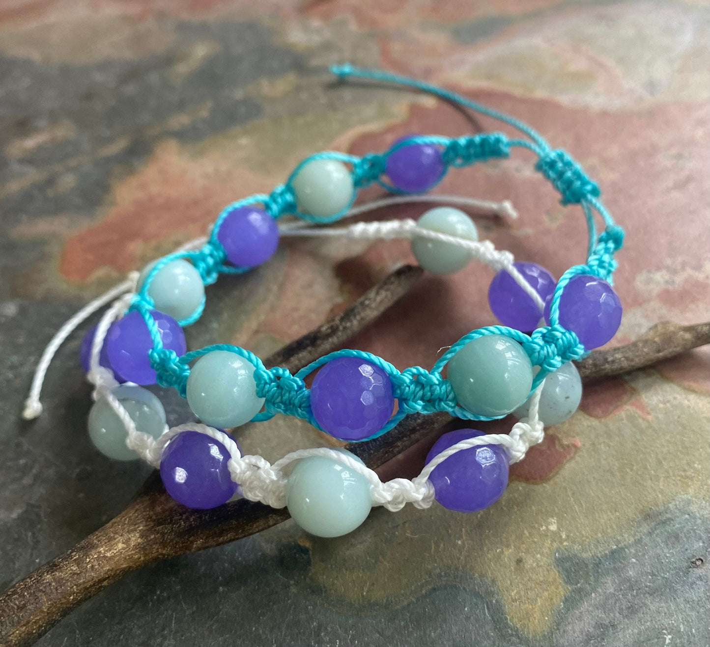 Macrame Bracelet,10 mm Purple Jade and Amazonite Bracelet, Healing Gemstone Bracelet, Adjustable Bracelet,Jade Charm Bracelet,