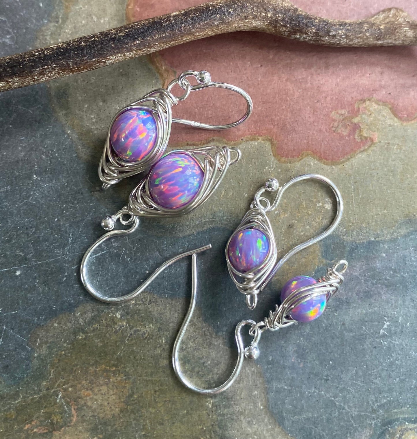 OPAL Earrings,STERLING SILVER Opal Earrings,Wire Wrapped Opal,Opal Jewelry, October birthstone Opal Dangling Earrings, White/Blue Earrings