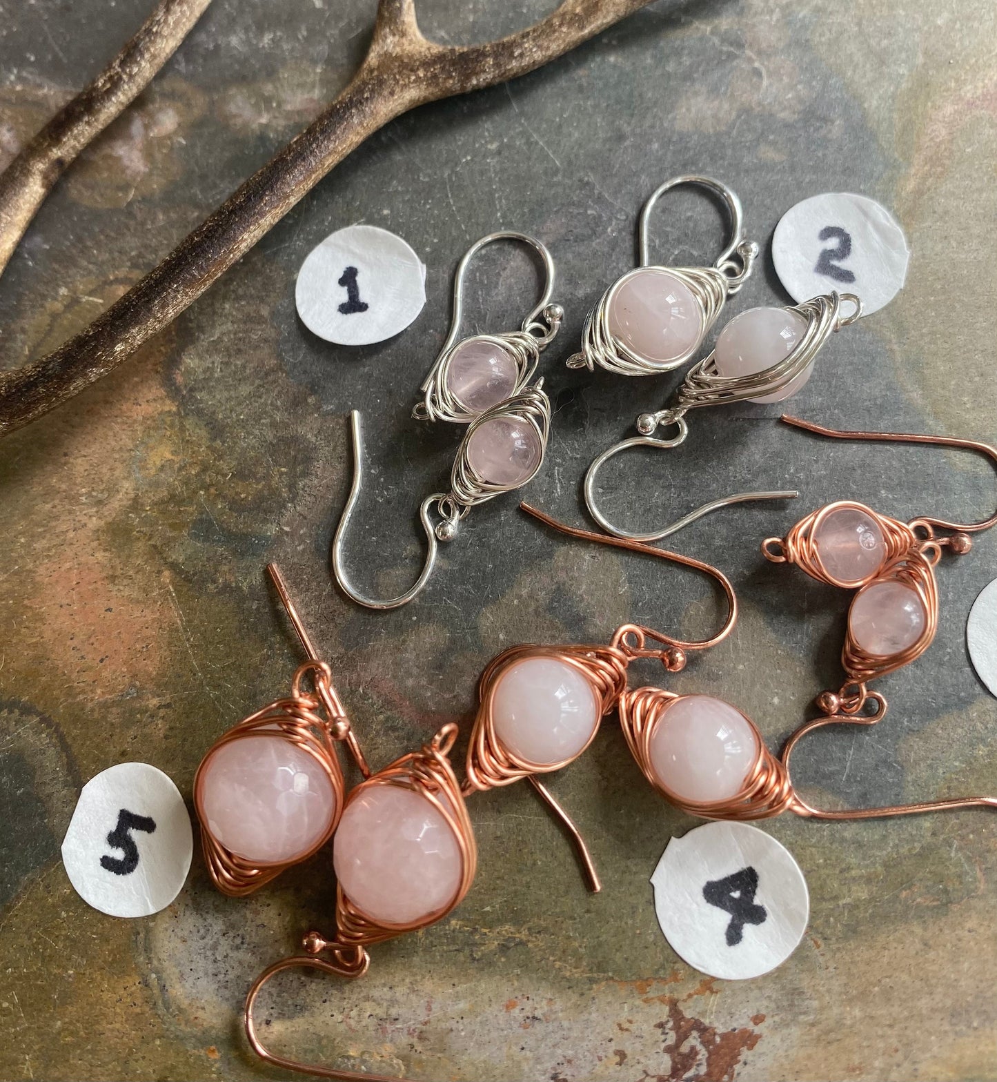 Wire Wrapped Rose Quartz Earrings, in Sterling Silver/copper Rose Quartz dangle Earrings, October Birthstone Earrings, Rose Quartz Jewelry,