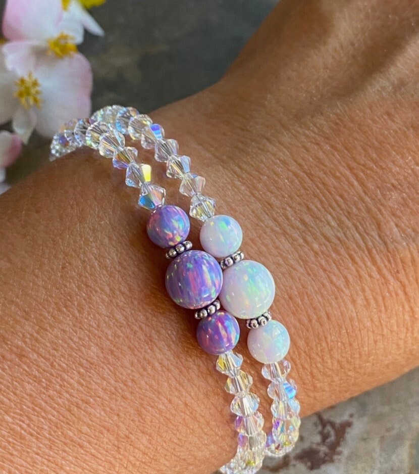 Opal Beaded Bracelet,October Birthstone Bracelet,White,Blue Aqua Blue, Lavender Opal Swarovski Crystal bracelet Bridal Opal Crystal Bracelet