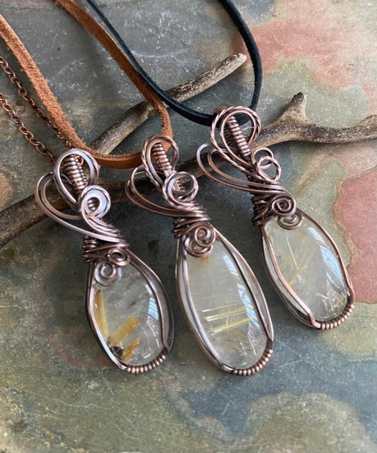 Wire Wrapped Natural Golden Rutile Quartz Oval Cabochon Necklace in Antiqued copper, Natural Rutilated Quartz Tree of Life Necklace