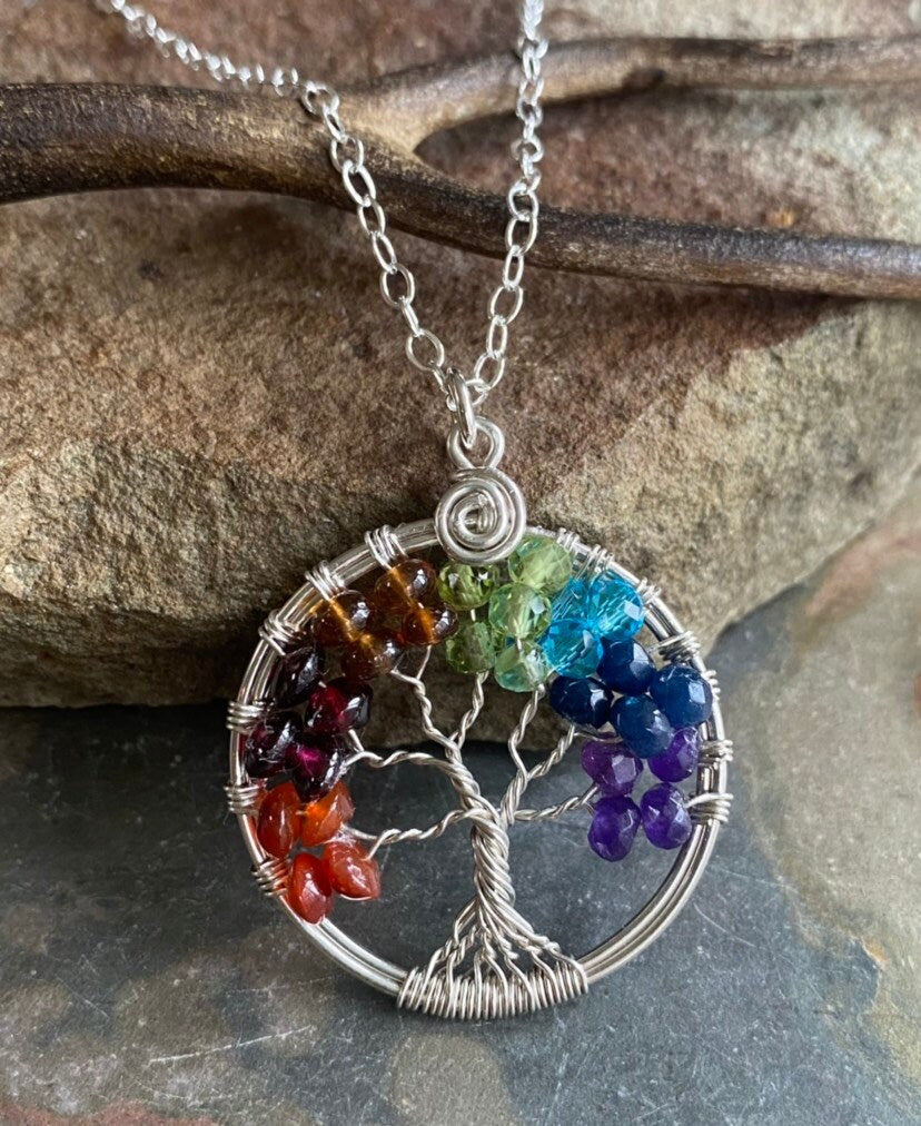 STERLING SILVER 7 Chakras Tree of Life Necklace, Wire Wrapped Chakras Tree of Life Pendant, Chakras Gemstone Jewelry, Healing Necklace