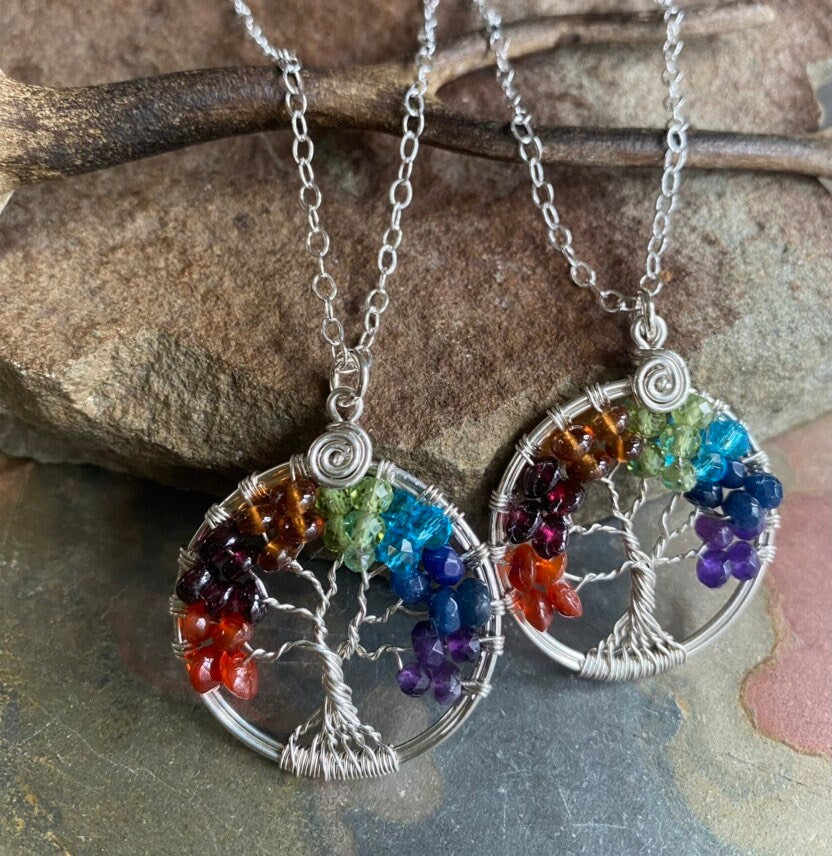 STERLING SILVER 7 Chakras Tree of Life Necklace, Wire Wrapped Chakras Tree of Life Pendant, Chakras Gemstone Jewelry, Healing Necklace