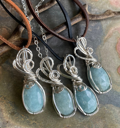 STERLING SILVER Wire Wrapped Aquamarine Pendant Necklace, Aquamarine Pendant, March Birthstone Pendant, Aquamarine Jewelry