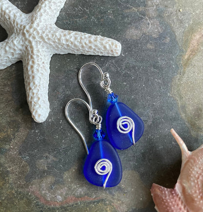 Blue Sea Glass Earrings, Cobalt Blue Sea Glass Earrings in STERLING SILVER, Beach Weddings, Beach Glass Jewelry, Cobalt Sea glass Earrings,