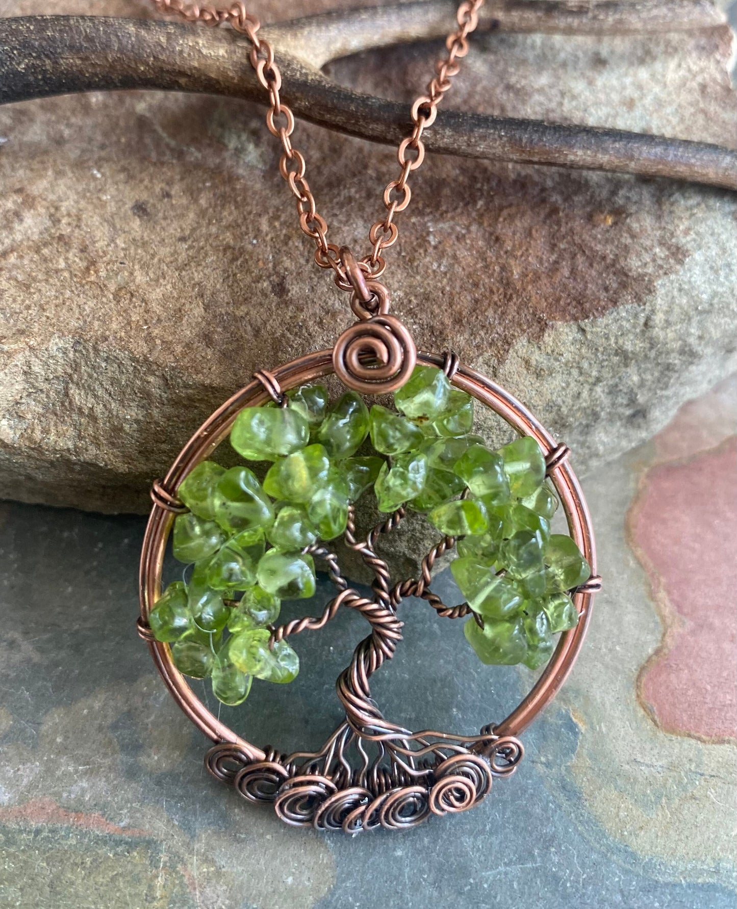 READY SHIP in 1 to 2 days, Peridot Tree of Life Pendant Antiqued Copper,Wire Wrapped Peridot Tree of life Necklace,August Birthstone Peridot