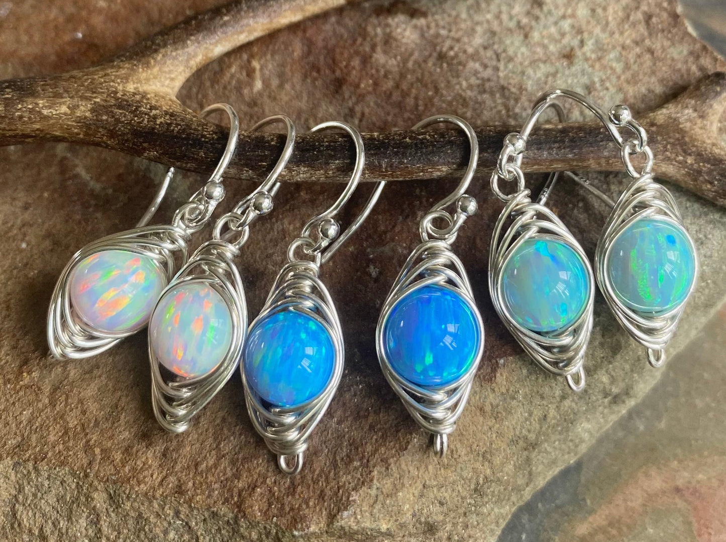 OPAL Earrings,STERLING SILVER Opal Earrings,Wire Wrapped Opal,Opal Jewelry, October birthstone Opal Dangling Earrings, White/Blue Earrings