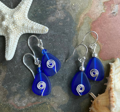 Blue Sea Glass Earrings, Cobalt Blue Sea Glass Earrings in STERLING SILVER, Beach Weddings, Beach Glass Jewelry, Cobalt Sea glass Earrings,