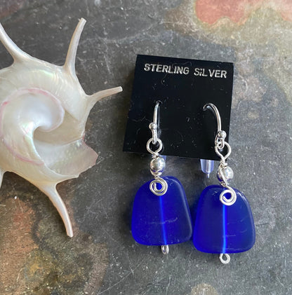 Cobalt Blue Beach Glass Earrings in STERLING SILVER, Blue Sea Glass Earrings,Beach Weddings, Beach Glass Jewelry, Cobalt Sea glass Earrings,