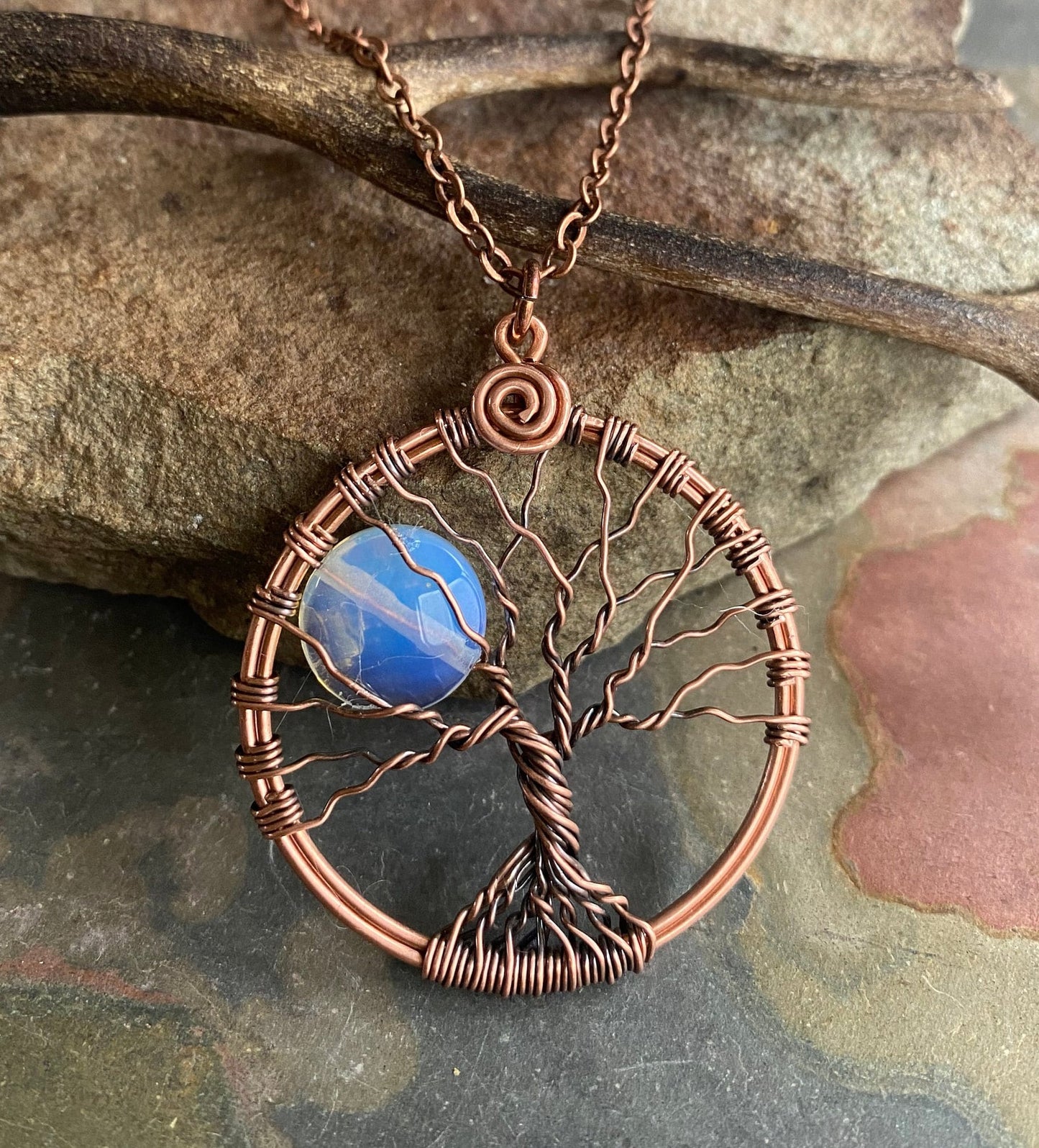 Blue Opalite Full Moon Tree of Life Pendant in Antiqued copper - Wire Wrapped Full Moon Tree of Life, Car Mirror Charm, Charm