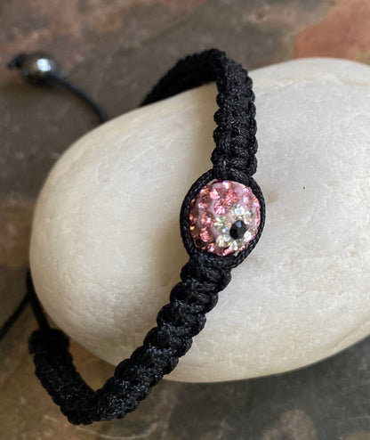 Evil Eye Bracelet in Macrame with Crystals & Hematite beads. Adjustable Evil Eye Bracelet, Bling Pink Crystal Evil eye Bracelet, Macrame
