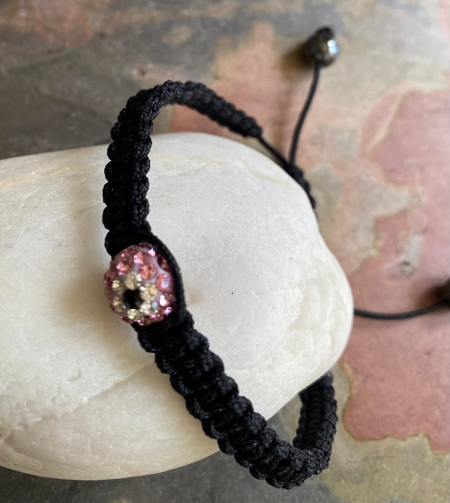 Evil Eye Bracelet in Macrame with Crystals & Hematite beads. Adjustable Evil Eye Bracelet, Bling Pink Crystal Evil eye Bracelet, Macrame