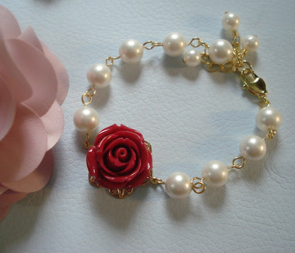 Red Flower Bracelet, Valentine Flower Bracelet, Red Rose Flower Bracelet, Red Earrings, Red Rose Earrings, Bridesmaid Bracelet,