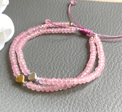Rose Quartz Bracelet ,Pink Rose Quartz Gold filled & Sterling Silver Heart Charm bracelet, Love Bracelet, Dainty Rose Quartz Bracelet,