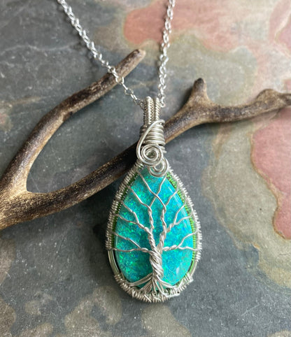 Opal Necklace,Blue Opal Necklace,Aqua Blue Opal Tree of Life Necklace,October Birthstone Necklace,Holiday Gift,Lab Created Opal Jewelry