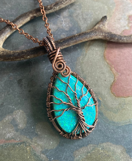 Aqua Blue Mint Green Necklace ,October Opal Birthstone Simulated Opal Tree of Life Necklace, Lab Created  Opal Tree of Life Pendant