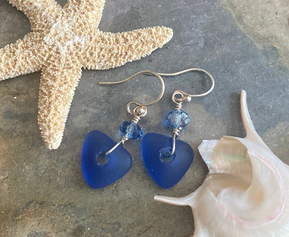 Sea Glass Earrings, Royal Blue Sea Glass Earrings in Sterling Silver, Blue Sea Glass Dangling Earrings, Beach Weddings, Dangling  Earrings
