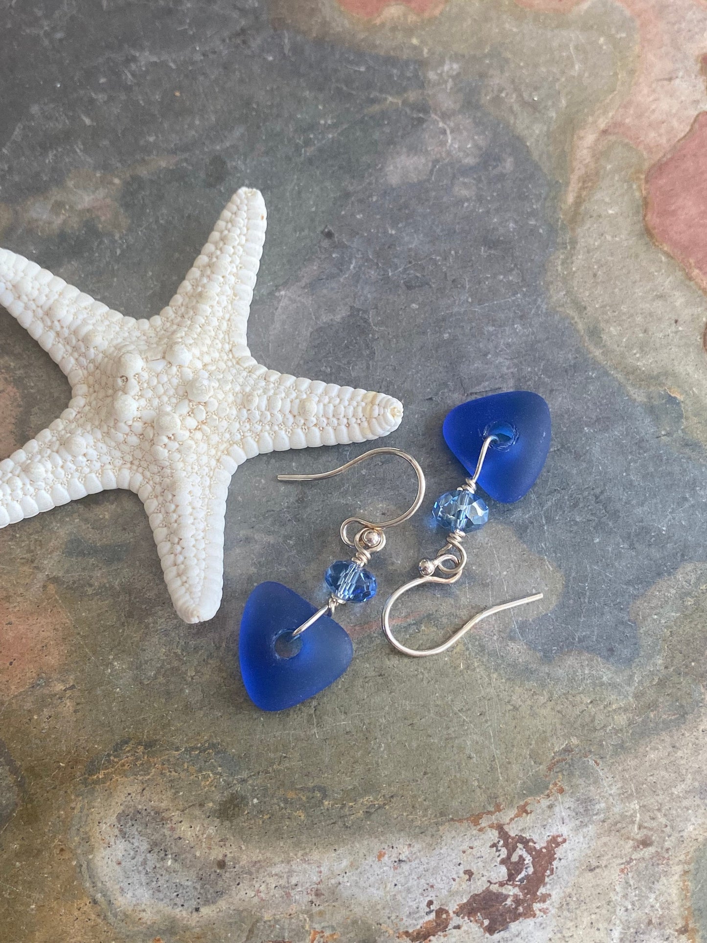 Crystal Sea Glass Silver Earrings-Recycled Sea Glass Starfish Charm Earrings in Sterling silver Earwires, Beach Wedding, Sea Glass  earrings