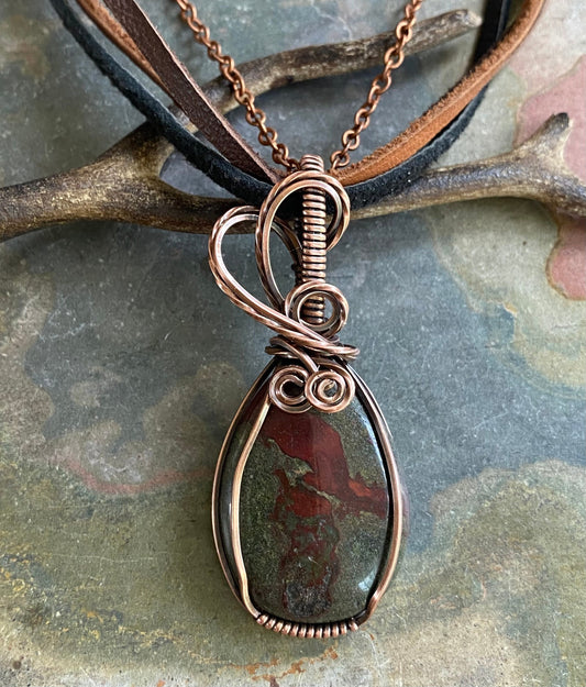 Bloodstone Necklace, Wire Wrapped Dragon Bloodstone Copper Pendant Necklace, Dragon Bloodstone Pendant, Dragon Bloodstone Pendant Necklace,