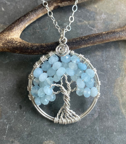 Sterling Silver Tree of Life Necklace, March /FebruaryBirthstone Necklace,Pink Rose Quartz/Aquamarine/Amethyst Tree of Life Necklace