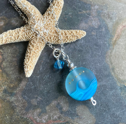 Beach Necklace, Ocean Wave Necklace in Sterling silver, Blue Ocean Wave Lampwork Glass Necklace, Blue Ocean Wave Glass  Necklace,