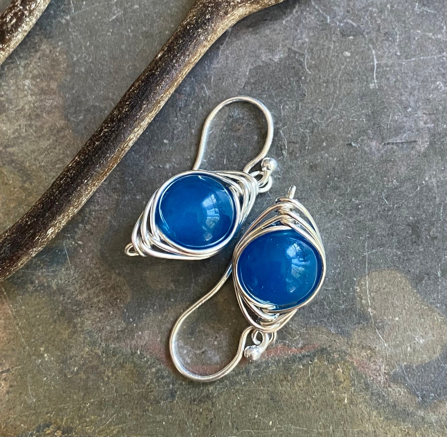 Blue Agate Earrings in Sterling Silver, Wire Wrapped Herringbone Deep Blue Agate Dangle Earrings,September Blue stone Earrings,Blue Earrings