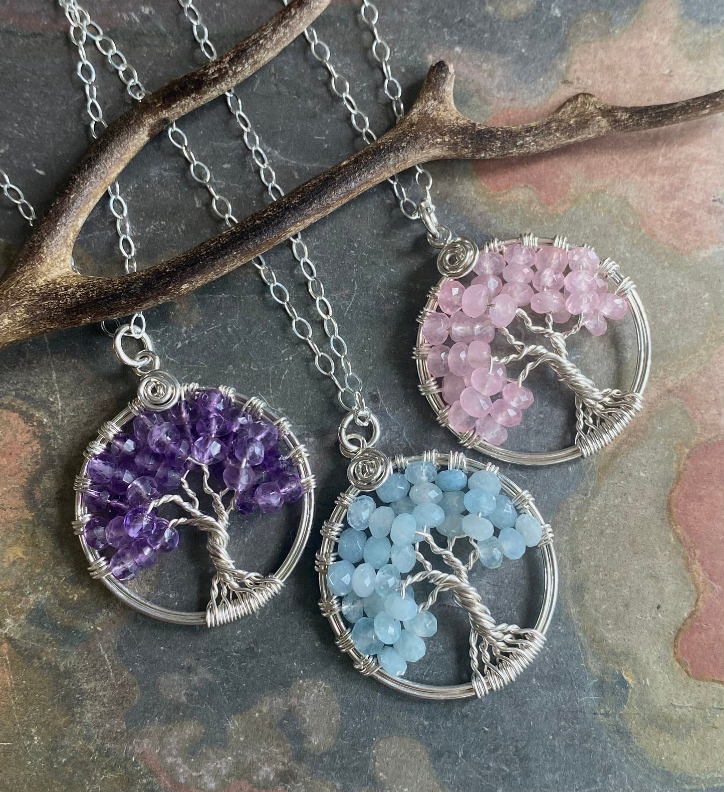 Sterling Silver Tree of Life Necklace, March /FebruaryBirthstone Necklace,Pink Rose Quartz/Aquamarine/Amethyst Tree of Life Necklace