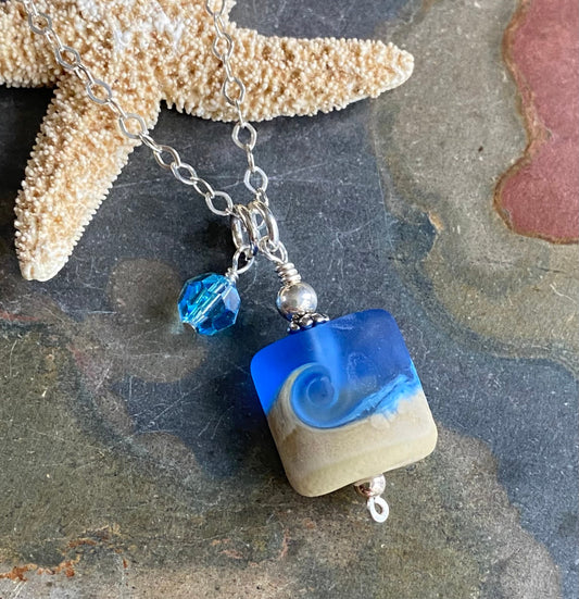 Ocean Beach Wave Necklace, Blue Beach Wave Necklace ,Ocean Wave Lampwork Bead Pendant, Beach Wave Jewelry, Blue Sea Glass Pendant Necklace