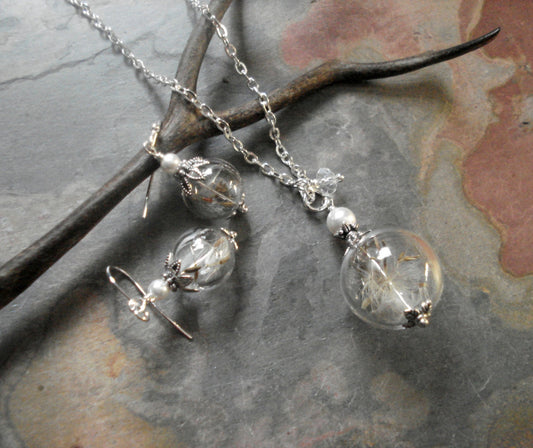 Dandelion Seed Crystal Pearl Silver Necklace, Earrings-Make a Wish Dandelion Jewelry, Real Dandelion Seed Birthday necklace, Glass Jewelry