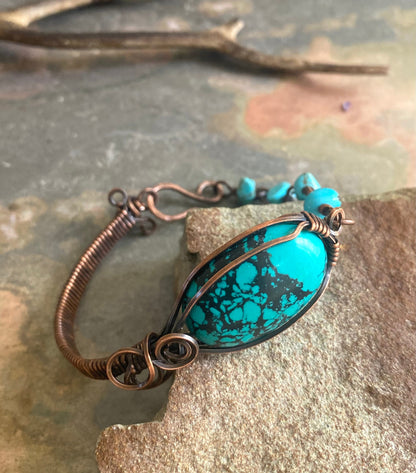 Turquoise Cuff Bracelet,Wire Wrapped Blue Howlite Turquoise Bracelet, Turquoise Adjustable Cuff Bracelet, Turquoise Bangle Bracelet