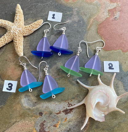 Sailboat Sea Glass Earrings, Periwinkle Sea Glass Earrings Sea Glass Earrings, Beach Wedding, Beach glass Dangle earrings, Sea Glass Jewelry