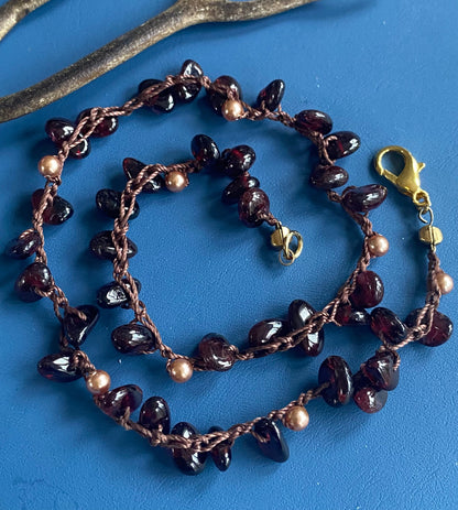 Garnet Bracelet, January Birthstone Bracelet, Crocheted Garnet Macrame bracelet, Double Strand Bracelet, Healing gemstone Bracelet,