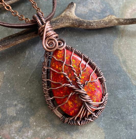 CHRISTMAS RED Opal Pendant Necklace in Antiqued Copper,Simulated Red Opal Tree of Life Necklace Copper,RED Opal Tree of Life,July Birthstone